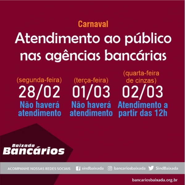 Bancos não funcionarão durante feriado de carnaval 2022