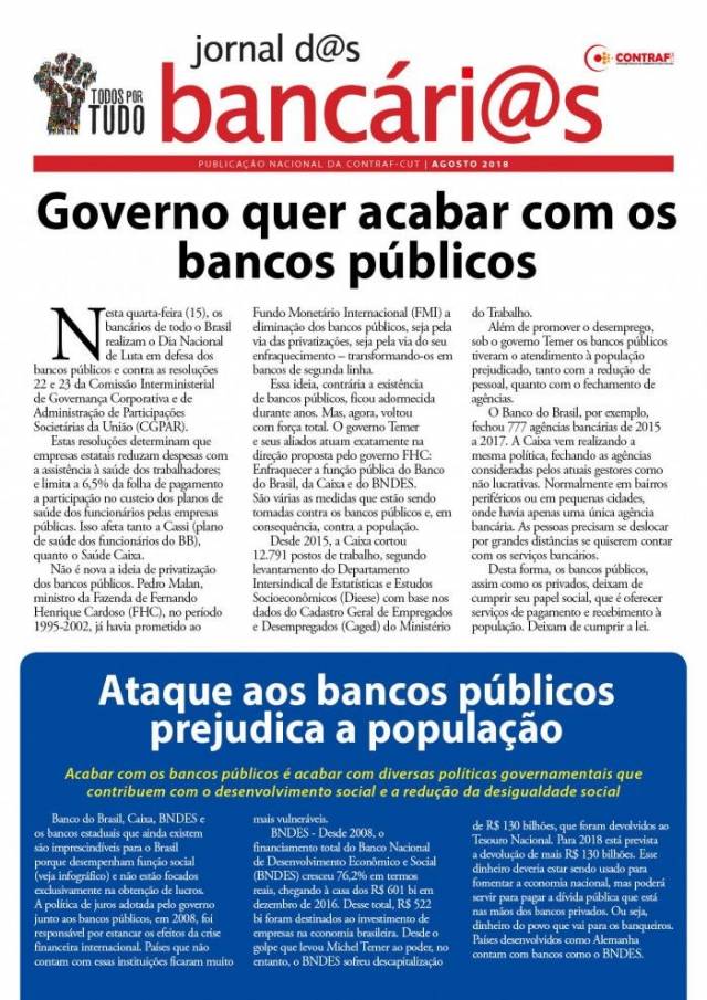 Contraf-CUT disponibiliza Jornal dos Bancários em defesa dos Bancos Públicos