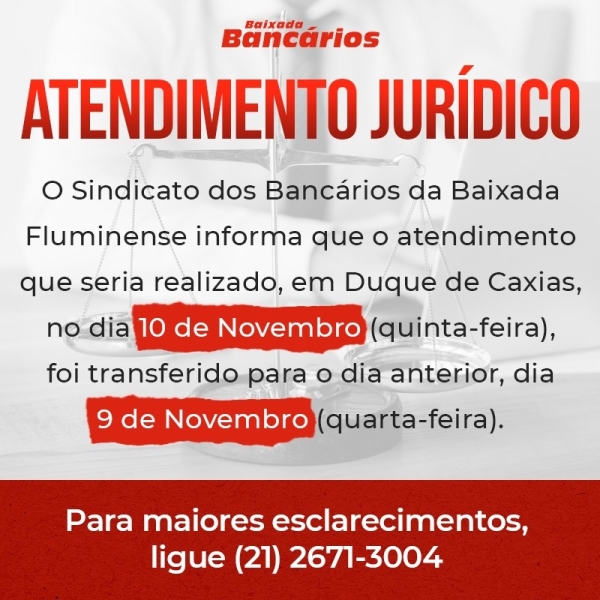 Plantão jurídico em Duque de Caxias muda do dia 10/11 (quinta-feira) para 9/11 (quarta-feira)